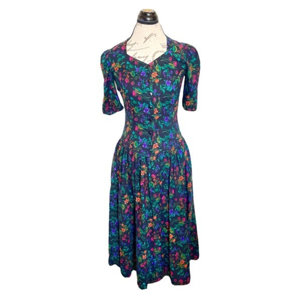 Vintage RGY Womens Dress Floral Button Prairie Pleated CottageCore Retro